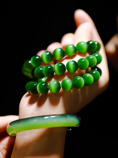 Cat's Eyes Chinese Natural Green Hetian Jade Bracelet