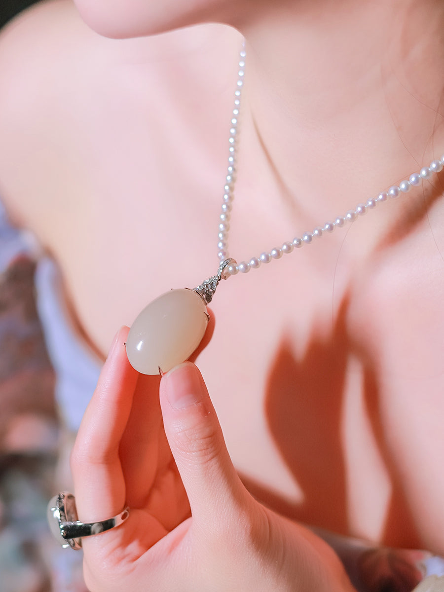 Pearl Chinese Milk White Hetian Jade Necklace