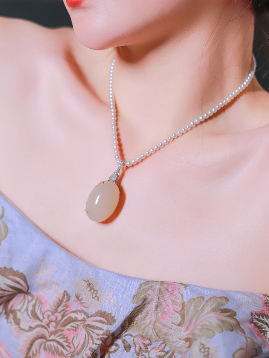 Pearl Chinese Milk White Hetian Jade Necklace