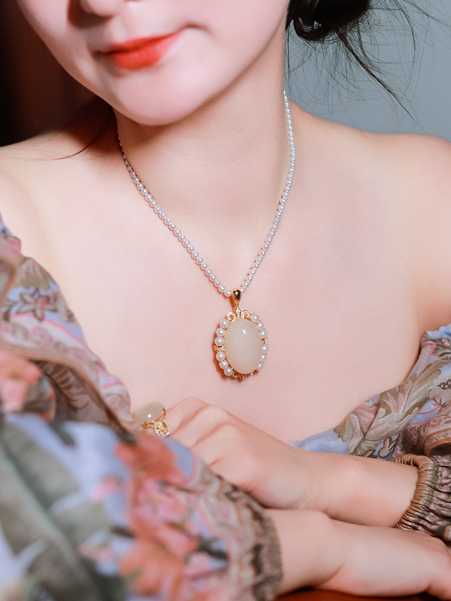 Pearl Chinese Milk White Hetian Jade Necklace